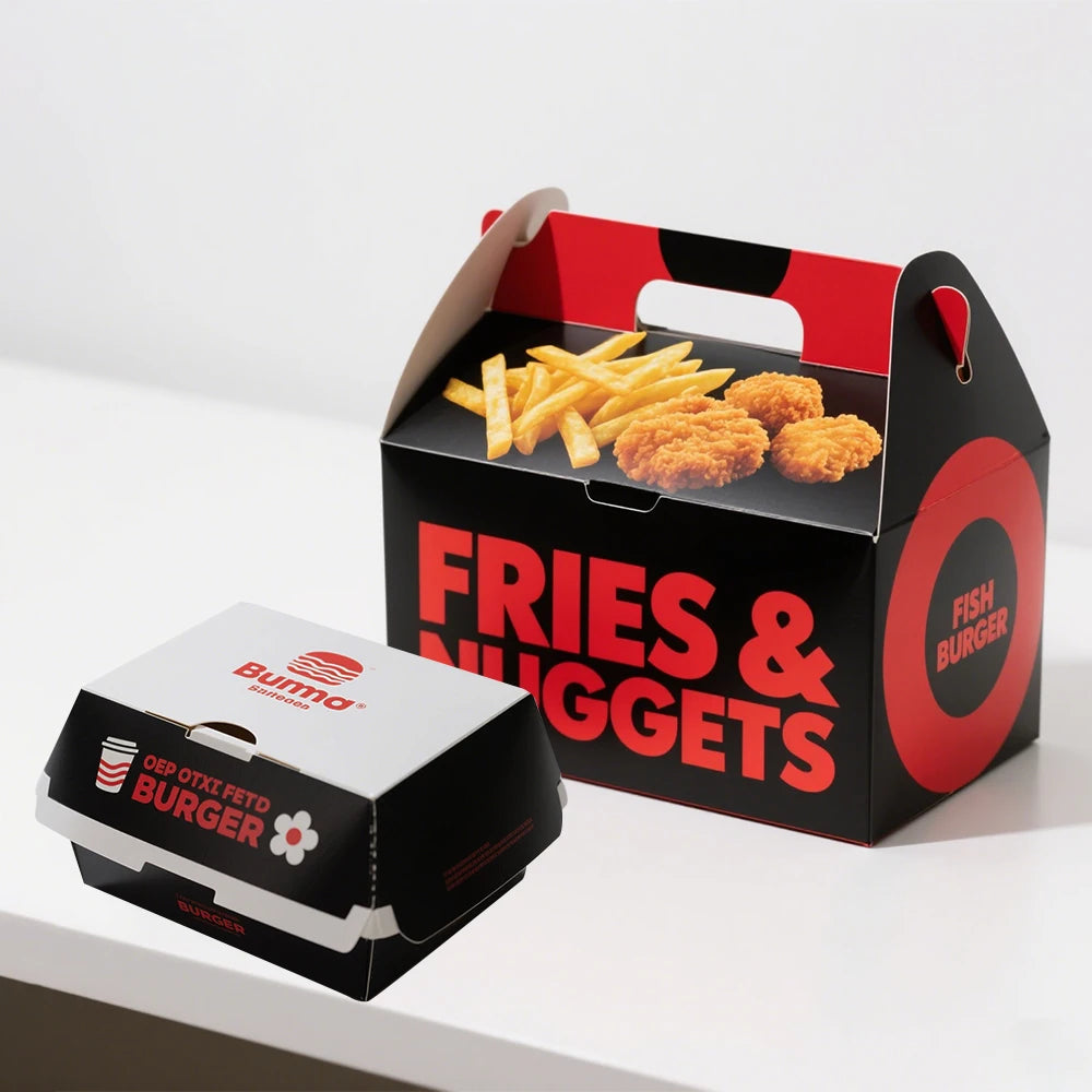 Custom Logo Printed Gable Top Box | Korean Fried Chicken & Burger Takeout Carrier with Handle