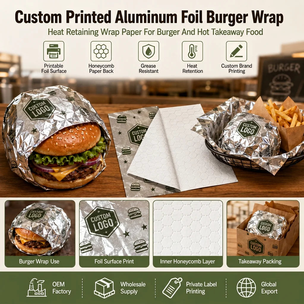 Custom Fast Food Aluminium Foil Greaseproof Burger Wrapping Paper Takeaway Packaging Paper Barbecue Fried Chicken Hot Dog