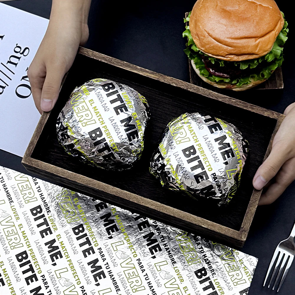 Custom Logo Eco-Friendly Aluminum Foil Food Grade Grease-Resistant Burger Pizza Cake Wrapping Takeaway Food Preservation for