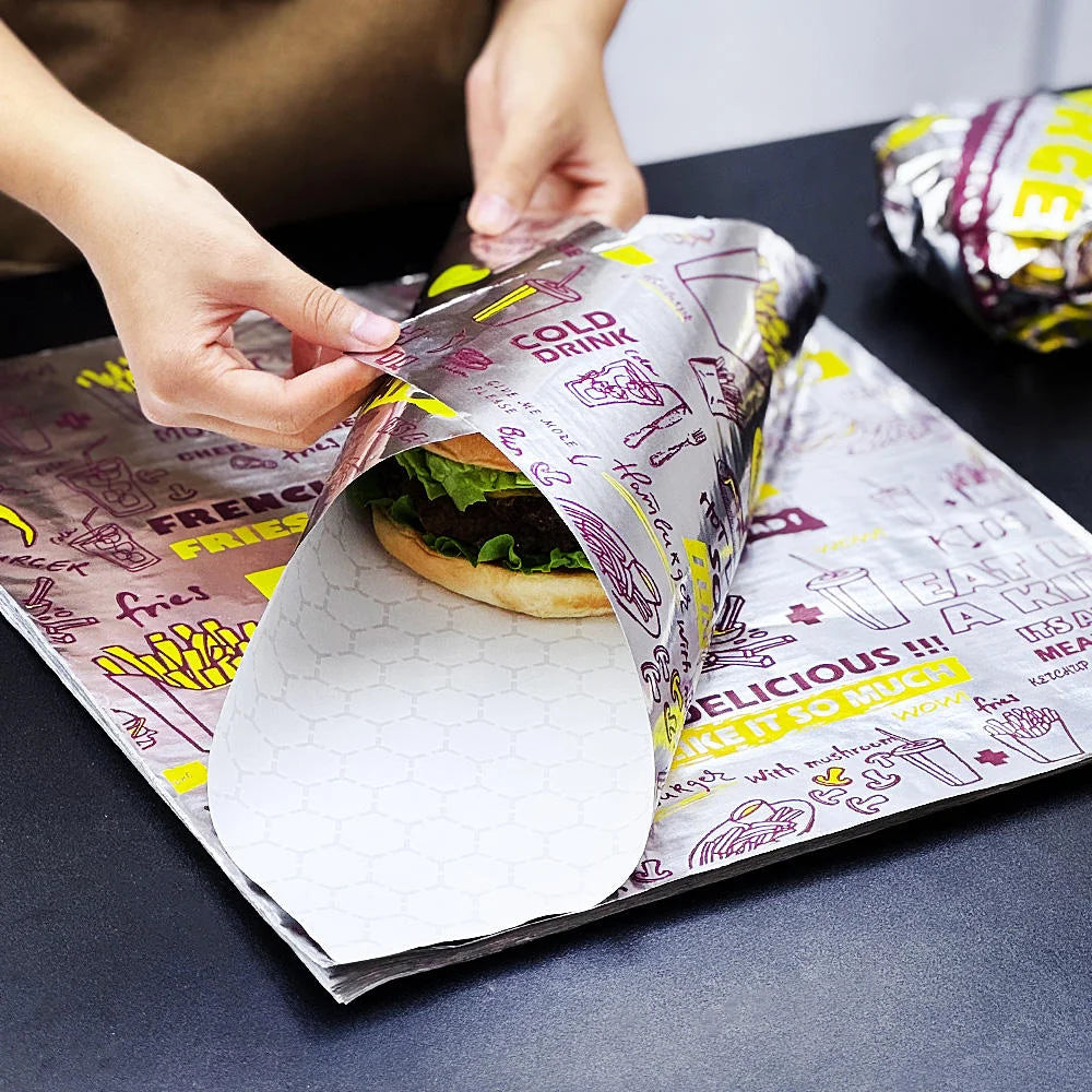 Custom Fast Food Aluminium Foil Greaseproof Burger Wrapping Paper Takeaway Packaging Paper Barbecue Fried Chicken Hot Dog