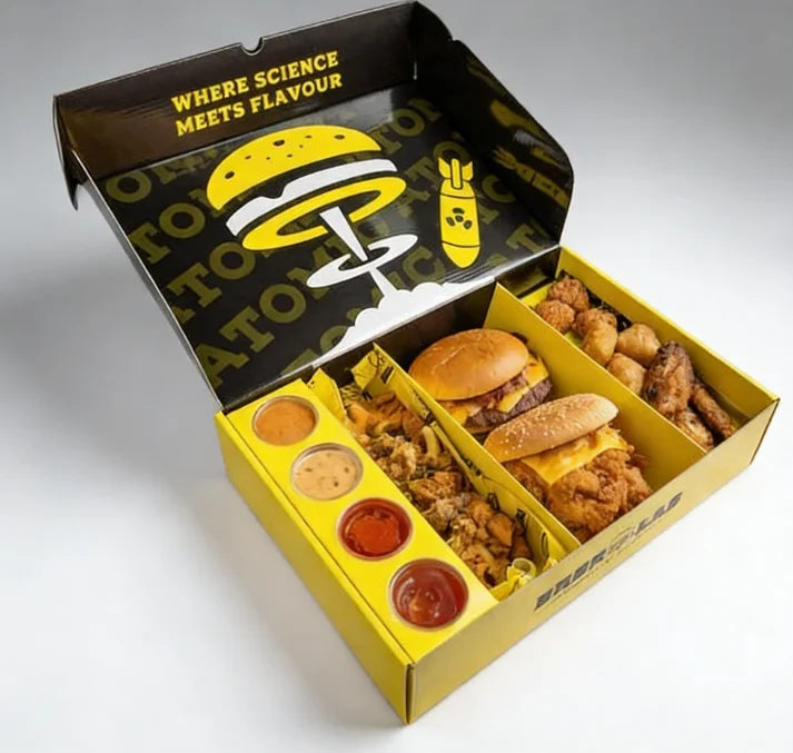 Custom Eco Takeout Slider Mini Smash Burger Compartment Box with Dip Cup Fried Chicken Wrap French Fries Fast Food Packaging