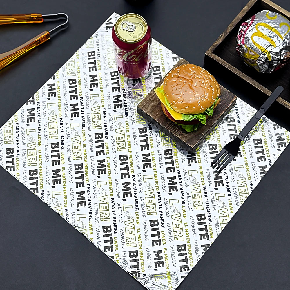 Custom Logo Eco-Friendly Aluminum Foil Food Grade Grease-Resistant Burger Pizza Cake Wrapping Takeaway Food Preservation for