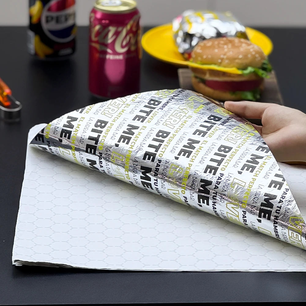 Custom Logo Eco-Friendly Aluminum Foil Food Grade Grease-Resistant Burger Pizza Cake Wrapping Takeaway Food Preservation for