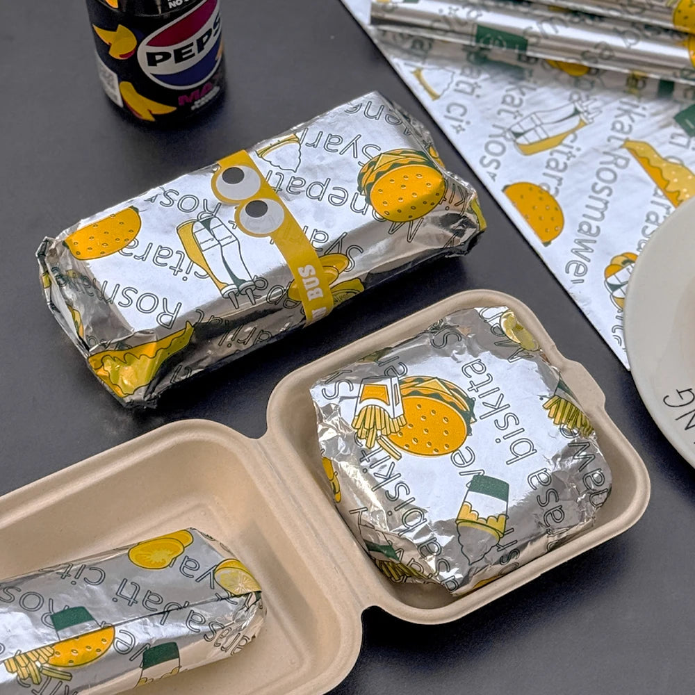 Custom Fast Food Aluminium Foil Greaseproof Burger Wrapping Paper Takeaway Packaging Paper Barbecue Fried Chicken Hot Dog