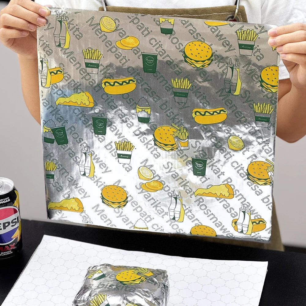 Custom Fast Food Aluminium Foil Greaseproof Burger Wrapping Paper Takeaway Packaging Paper Barbecue Fried Chicken Hot Dog