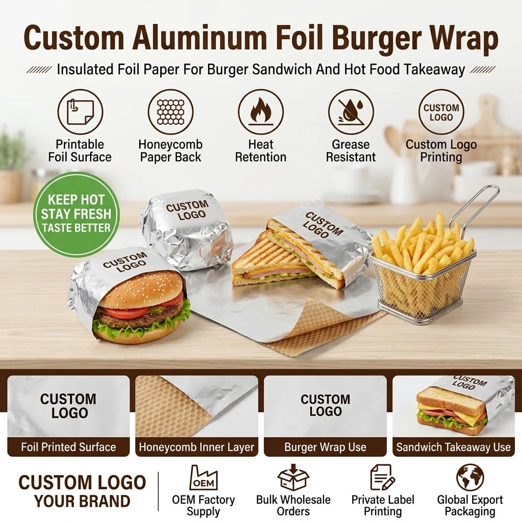 Custom Fast Food Aluminium Foil Greaseproof Burger Wrapping Paper Takeaway Packaging Paper Barbecue Fried Chicken Hot Dog